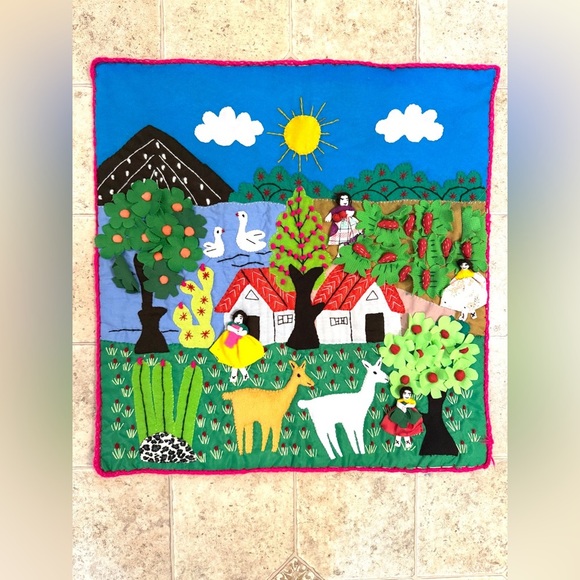 Vintage Peruvian Arpillera Handmade Folk Art Farm Scene 3D 19” by 19” Appliqué - Picture 1 of 10